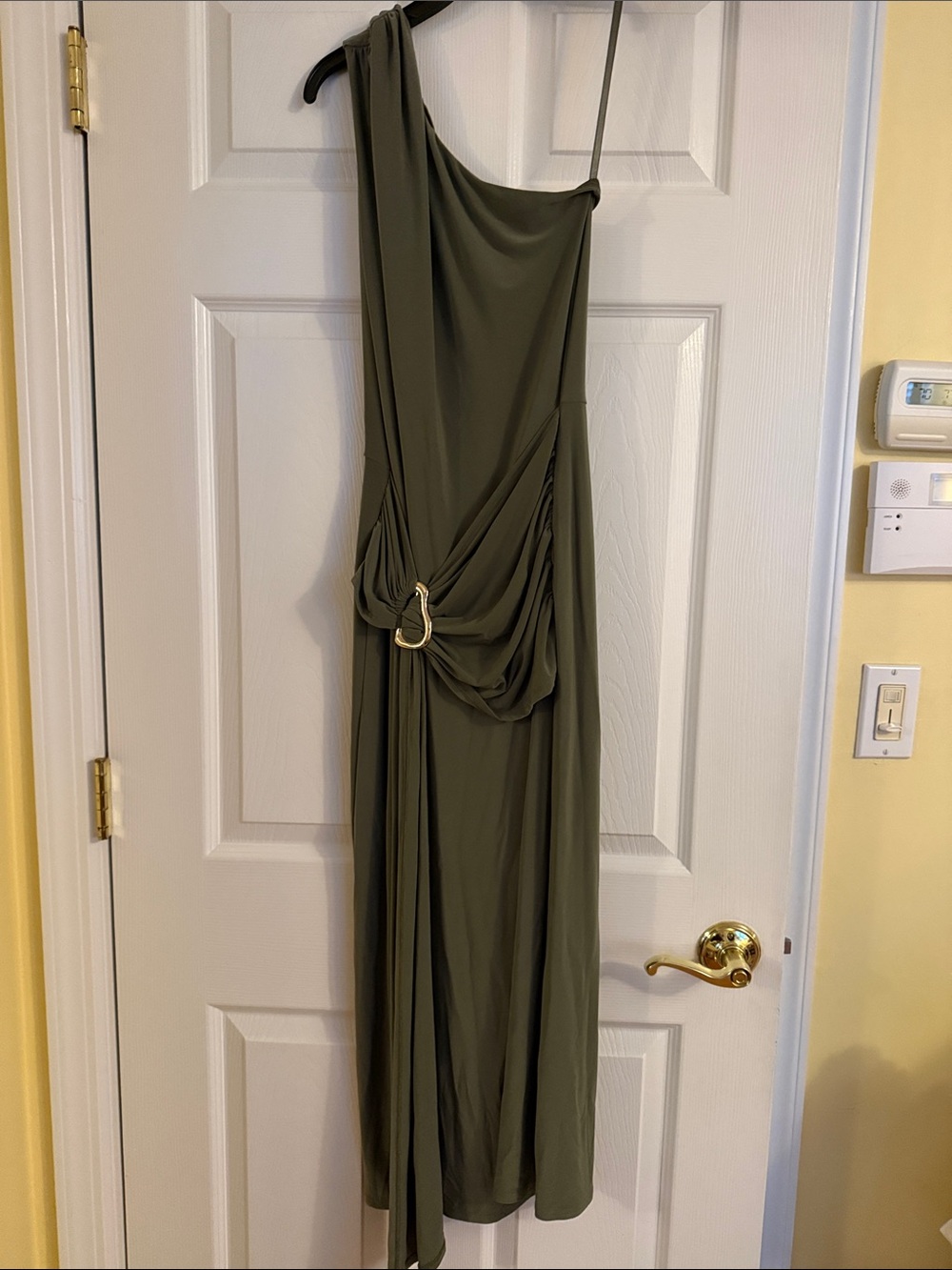 White House Black Market Olive One-Shoulder Drape Dress